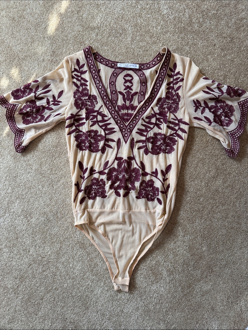NanaMacs Beige Bodysuit with Burgundy Floral Embroidery